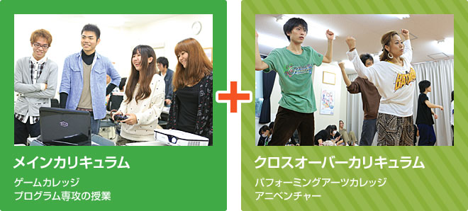メインカリキュラム[ゲームカレッジ プログラム専攻の授業] + クロスオーバーカリキュラム[パフォーミングアーツカレッジ アニベンチャー]