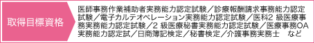 取得目標資格：医師事務作業補助者実務能力認定試験／診療報酬請求事務能力認定試験／電子カルテオペレーション実務能力認定試験／医科2 級医療事務実務能力認定試験／2 級医療秘書実務能力認定試験／医療事務OA 実務能力認定試／日商簿記検定／秘書検定／介護事務実務士　など